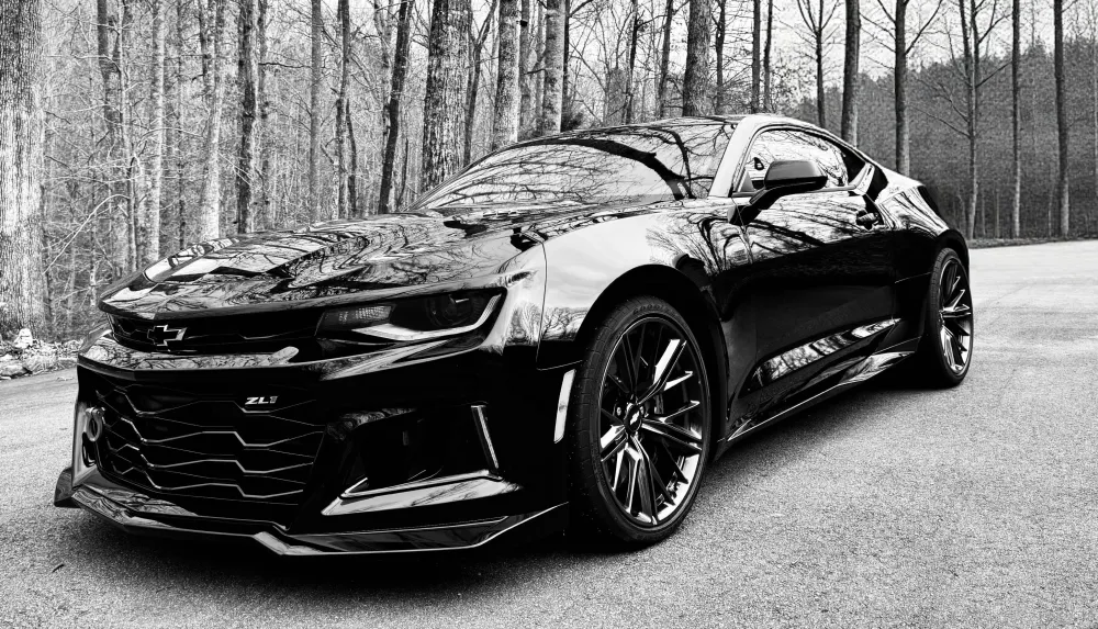 gallery-1 A shiny black sports car parked on a road with leafless trees in the background, shown in black and white.