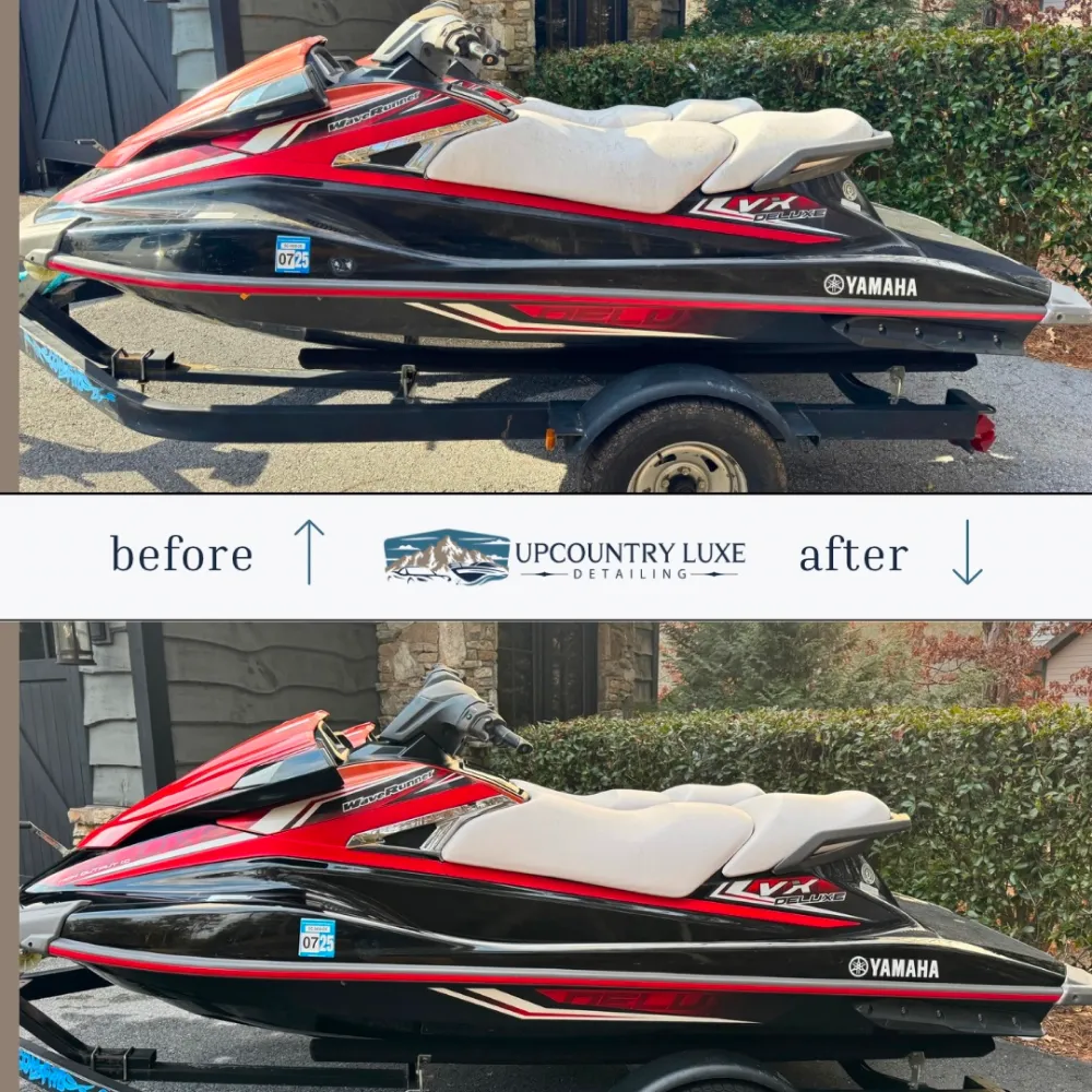 gallery-37 Two side-by-side photos of a Yamaha jet ski, showing it before and after a cleaning and detailing.