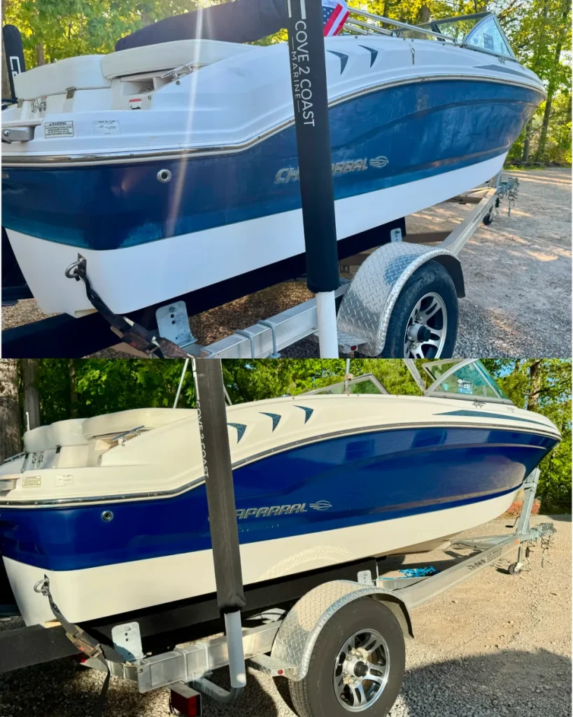 gallery-40 Blue and white Chaparral boat on a trailer, shown from two angles in bright outdoor lighting.