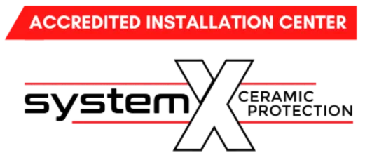 Logo for “System X Ceramic Protection” with “Accredited Installation Center” in a red banner above.